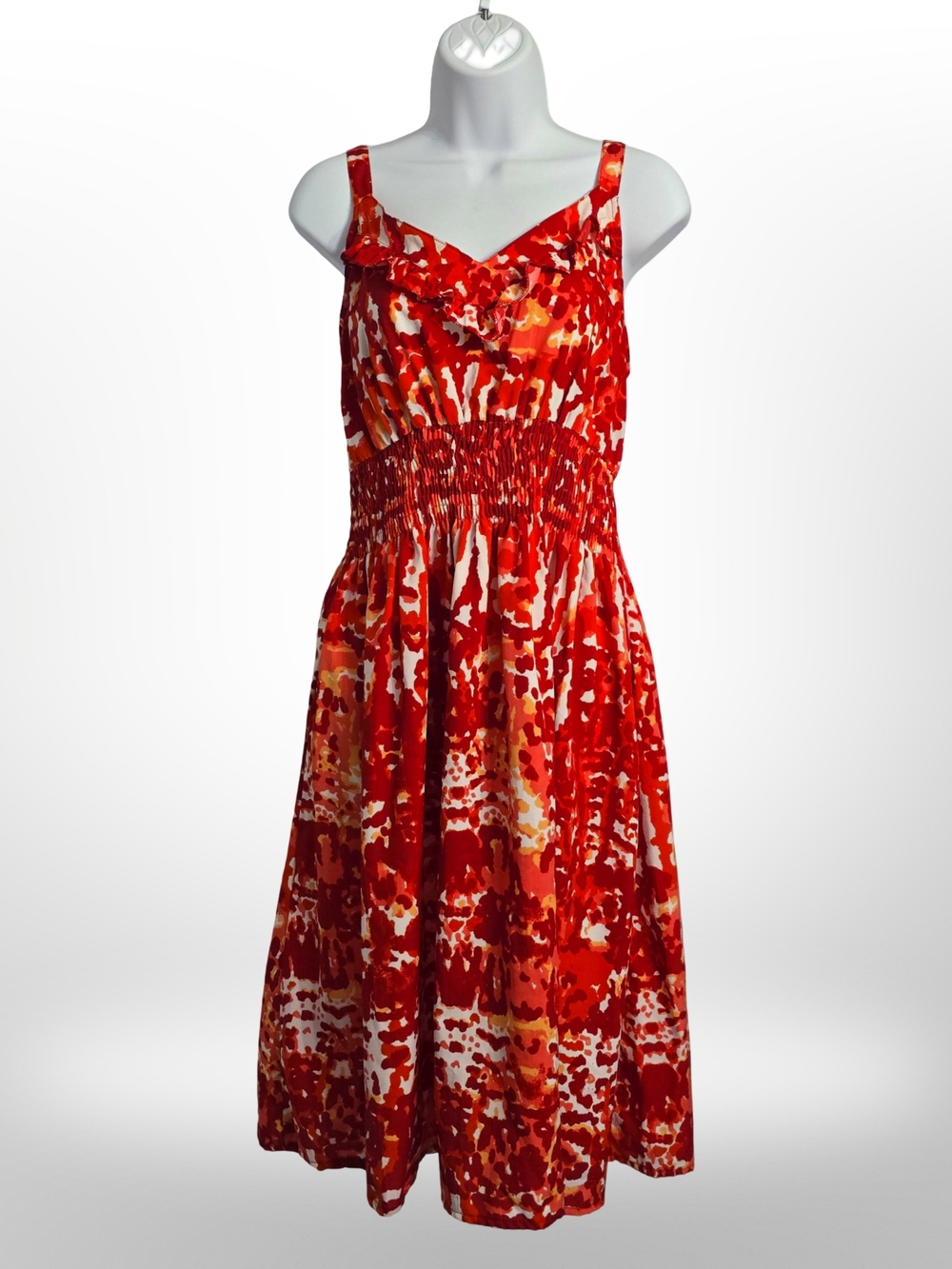 Women's Red Printed Smocked Midi Dress